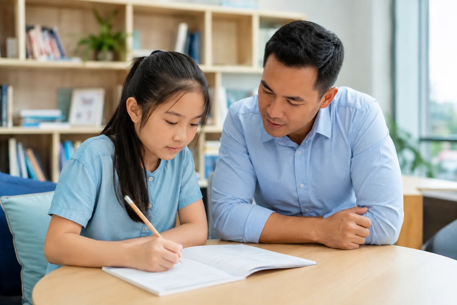 An older learner writing in a workbook with guidance from a tutor